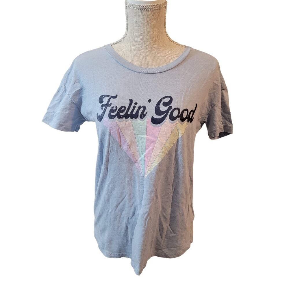 Wildfox Blue “ Feeling Good” Graphic Slub Shirttail Hem Airy Cotton Shirt XS